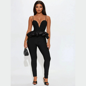 Mono sin mangas con cuello en V profundo, transpirable, de poliéster/algodón, de cintura alta, largo completo, estilo sexy de club, con lentejuelas, al por mayor - Product Image 1