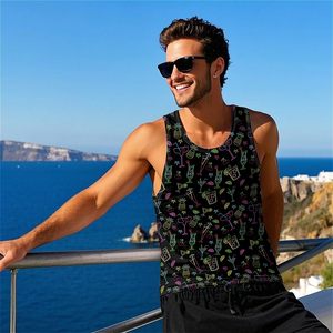 Débardeur noir pour homme imprimé par sublimation, motif néon cocktail, imprimé intégral, style tropical - Product Image 1