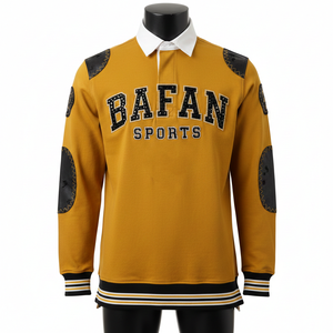 Maillot de rugby pour homme en coton lourd GSM avec empiècements noir moutarde et broderie chenille, logo personnalisé, pour polos de rugby - Product Image 6
