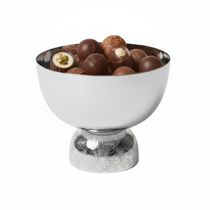 Vente en gros de bols de service élégants en acier inoxydable argenté avec motif de rose décoratif, base sur pied, bol à dessert au chocolat - Product Image 1