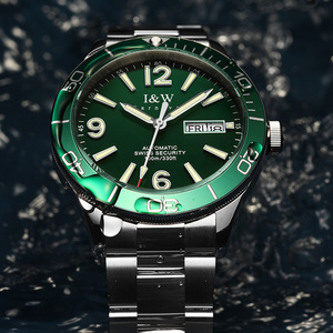 Montre mécanique automatique de plongée de luxe I&W CARNIVAL pour hommes, boîtier et bracelet en acier inoxydable - Product Image 2