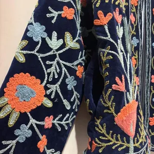 Artisan Handmade Navy <b>Velvet</b> Floral Suzani <b>Coat</b> <b>Women's</b> Ethnic Bohemian Open Front Fashion Festival Jacket - Product Image 3