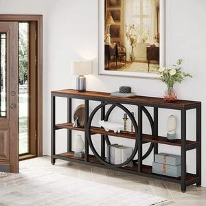 Mesa Consola Moderna Extra Larga de Metal Negro con Marco Circular y 3 Niveles de Estantes Abiertos para Sala de Estar Detrás del Sofá - Product Image 5