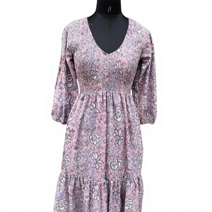 เดรสยาวทรงเอ ปักลายดอกไม้ งานพิมพ์บล็อกด้วยมือ เป็นมิตรต่อสิ่งแวดล้อม ผ้าฝ้าย 100% ชายกระโปรงไม่สมมาตร แขนยาว - Product Image 1