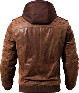 Brown Leather <b>Jacket</b> V-neck <b>Half</b> <b>Zip</b> Casual Loose Fit Regular Length Winter Style Unisex Hooded Thick Bamboo Lining Vintage - Product Image 4
