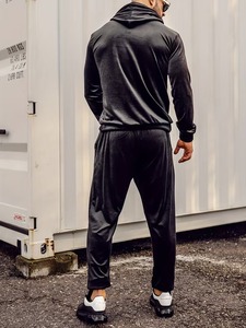 <b>Men</b> <b>Velvet</b> Tracksuit Set Hooded Full Length Solid Color Casual Sportswear Pants <b>Jacket</b> Loose Fit Autumn Wear - Product Image 4