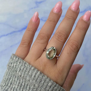 Elegant Green Amethyst Ring Oval Brass <b>Silver</b> Plated Minimalist Gemstone Ring Daily Wear Jewelry for Women - Product Image 3