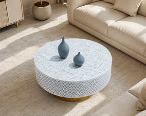 Table basse ronde moderne en bois avec incrustations en os, avec rangement, meubles de salon faits à la main - Product Image 4