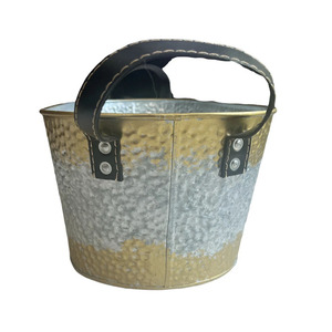 Two Tone Finish Hammered Theme Gold & Silver Oval Beverage Tub With Black Leather Handles Modern <b>Champagne</b> For Wedding & Party - Product Image 6