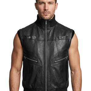 Chaleco de moto de piel sintética negra para hombre, sin mangas, con cuello alto y cremallera - Product Image 6