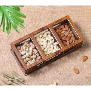 <b>Small</b> 3 Compartment Wooden Nut <b>Storage</b> <b>Box</b> with Acrylic View Windows Rectangular Acacia Wood Snack Organizer Candy Case - Product Image 1