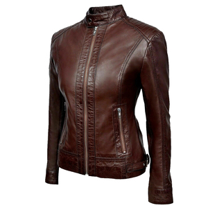 Best Quality Women Pink PU Leather Moto Jacket <b>Slim</b> Fit Zipper Closure Turn-down Collar Autumn Regular Length Zipro Industries - Product Image 3