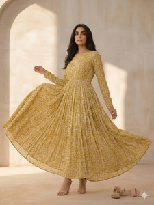 Vestido Maxi de Muselina Lavable con Estampado Floral de Tallo de Loto y Mostaza, Estilo Casual, Largo hasta el Suelo, Corte en A, para Todas las Estaciones - Product Image 6