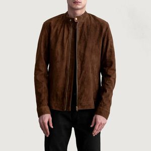 <b>Men's</b> Brown <b>Suede</b> Leather <b>Jacket</b> Stand Collar Zipper Closure Moto Biker Style Autumn Wear Slim Fit Regular Length - Product Image 5