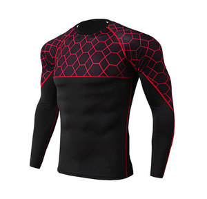 Camiseta de Compresión Geométrica Negra y Roja para Hombre, Manga Larga, Cuello Redondo, Secado Rápido, Transpirable, Ropa Deportiva - Product Image 1