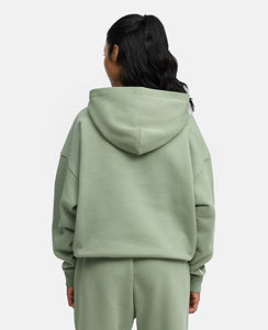 Vente en gros OEM – Sweat à capuche et sweat-shirt personnalisés pour femme en molleton de coton, coupe décontractée avec épaules tombantes et poche frontale, passepoil blanc contrastant - Product Image 2