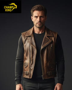 CHAMP KING Gilet de motard en cuir véritable pour homme, col rabattu, fermeture éclair, style moto, vêtement d'extérieur automne-hiver - Product Image 3