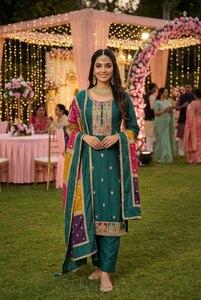 Nuevo diseño de moda, tela de seda chinon pesada, estilo de cuello redondo, corte recto, borde de alta calidad, salwar kameez para colecciones de boutique. - Product Image 5