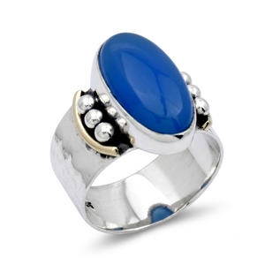 Anillo de Calcedonia Azul Hecho a Mano en Plata de Ley 925, Banda Ancha Martillada con Cuentas, Joyería de Moda para Mujer, Regalo, Venta al Por Mayor - Product Image 1