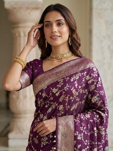 Purple Banarasi Silk Saree Zari Floral Weaving Traditional Indian Wedding Party <b>Dress</b> for Women - Product Image 5