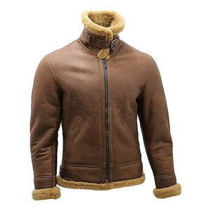 Chaqueta de Cuero de Oveja con Forro de Borrego Marrón para Hombre, Chaqueta de Aviador, Chaqueta de Piloto Vintage con Cuello de Piel, Talla XS - Product Image 5
