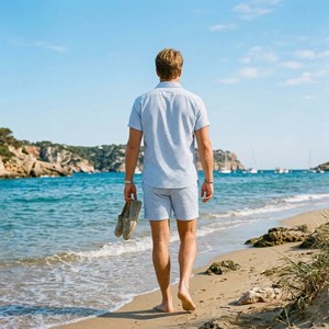 Ensemble coordonné d'été personnalisé pour homme en seersucker, chemise à manches courtes rayée bleu clair et short, ensemble 2 pièces respirant pour la plage - Product Image 5