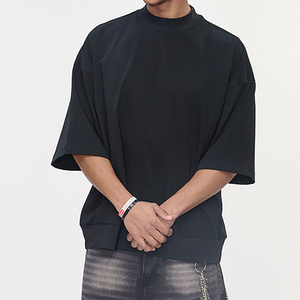 T-shirt décontracté pour homme en polyester/coton, coupe droite, grammage lourd, uni, à épaules tombantes, avec ourlet côtelé et col montant - Product Image 3