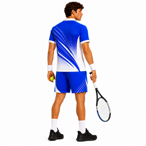 Ensemble de t-shirt et short de tennis pour homme, coupe personnalisée, bleu et blanc, imprimé par sublimation, respirant, taille élastique, sport d'été - Product Image 6