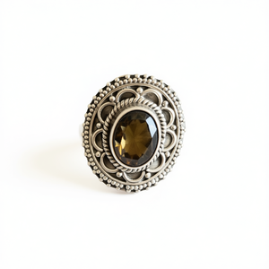 Designer Bohemian Style Smoky <b>Quartz</b> Fashion <b>Ring</b> 6.2 Grams Bezel Setting Alloy Inlay - Product Image 2
