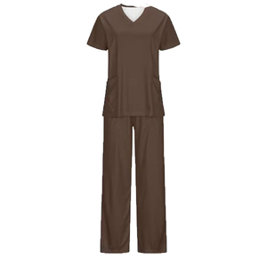 Ensemble de blouses médicales marron pour femmes, coton et polyester, uniforme d'hôpital, pantalon inclus, col en V, manches courtes - Product Image 2