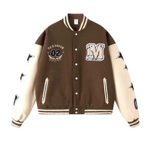 Veste universitaire marine pour homme en similicuir PU avec patch ours vert et lettres GD bleues sur les manches, style preppy, col rabattu - Product Image 2