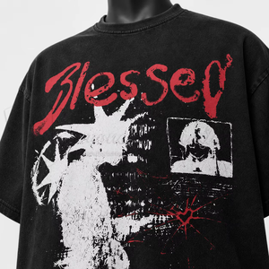 Blessed Print Men's T-Shirt O-Neck Short Sleeve Regular Fit Streetwear 100% Cotton Jersey Washed Front <b>Logo</b> Black 240g - Product Image 4