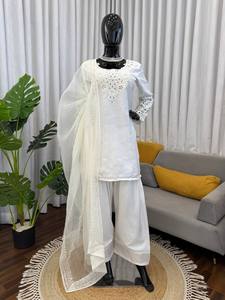 Conjunto de Salwar Kameez Blanco Bordado para Mujer, Traje Étnico Kurta Palazzo, Atuendo para Bodas y Fiestas - Product Image 5