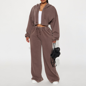 2026 Hot Sale Women's Washed-Look <b>Distressed</b> Solid Short Zipper Hooded Collar <b>Top</b> & Pants Casual Sportswear 2-Piece Set Women - Product Image 1