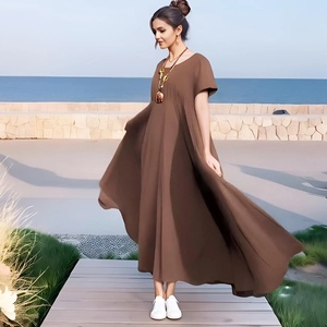 Vintage Style Organic Soft Linen Cotton Bell Sleeve Midi <b>Dress</b> Side Pockets High Waist Plus Size Breathable A-Line Casual Daily - Product Image 1