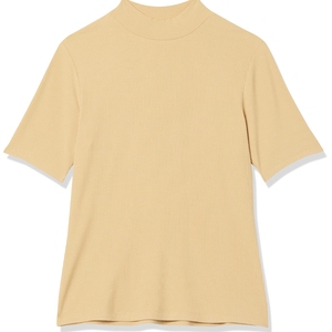 Camiseta de punto de manga corta con cuello alto acanalado beige para mujer, minimalista, de color liso, ecológica, disponible para venta en línea - Product Image 1