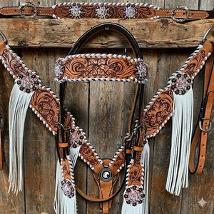 Authentic Western <b>Leather</b> Equestrian Tack Set Beautiful Floral Headstall and Breastplate Hand <b>Tooled</b> for Horse Racing Riding - Product Image 1