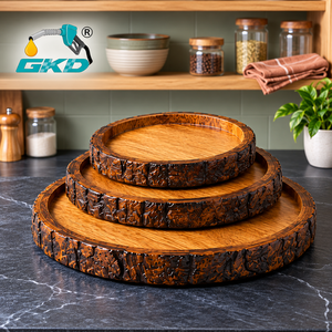 Ensemble de plateaux de service en bois de manguier CKD Wabi-Sabi, 3 plateaux faits à la main avec bord en écorce, design chinois traditionnel, décoration pour la maison et les fêtes - Product Image 4