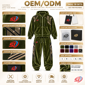 Ensemble de survêtement en velours premium Olive Velvet District 280 GSM avec strass et cristaux, comprenant un sweat à capuche et un pantalon ample, pour un look décontracté et tendance. - Product Image 4