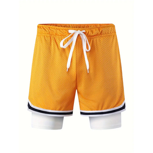 Pantalones Cortos Deportivos de Malla Transpirable de Secado Rápido con Estampado Sólido en Color Amarillo, Más Vendidos, Ecológicos, Cintura Elástica Informal para Hombre - Product Image 1