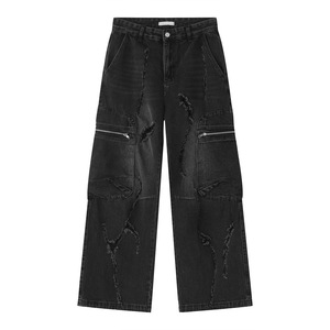 Jean cargo délavé et vieilli pour homme, coupe ample, taille haute, jambe large, en denim avec poches zippées - Product Image 5
