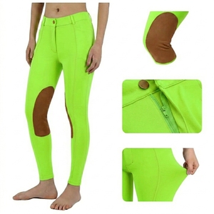 Pantalones de equitación de cintura alta para mujer, color verde con parches marrones en las rodillas, leggings ecuestres con botones de silicona, pantalones de montar a caballo - Product Image 1