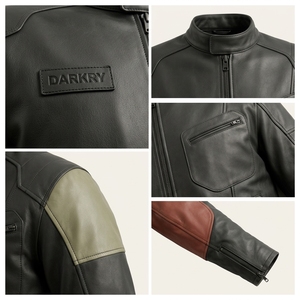 Chaqueta de cuero negra para hombre, personalizada con mangas color oliva y parches color coñac, estilo motero, de piel de vacuno auténtica, ropa de calle, venta al por mayor de fábrica - Product Image 5