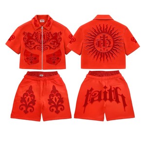 2026 Custom Men's Summer Shorts <b>Set</b> with Chenille <b>Embroidery</b> Breathable Cotton Tee Shirt and Track Shorts-OEM Service - Product Image 2