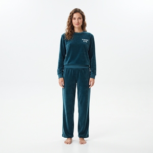 <b>Women's</b> Teal <b>Velour</b> <b>Tracksuit</b> Crew Neck Full Sleeve Solid Color Hawk Eye Logo Winter Casual Wear - Product Image 5