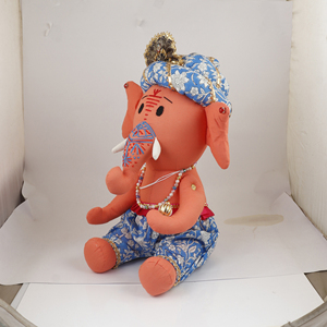 Peluche Ganesha l'Éléphant Orange à vendre – Poupée artisanale douce avec costume floral bleu traditionnel - Product Image 3