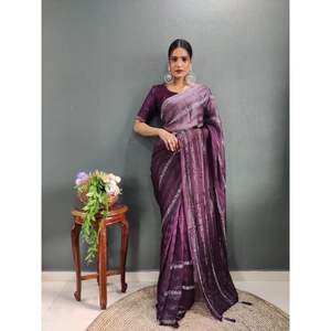 DISEÑADOR CHIFFON ZARI SWAROVSKI DIAMOND WORK LISTO PARA USAR SAREE CON BLUSA DESCOSTADA VINO - Product Image 1