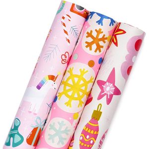 <b>Pink</b> Christmas Wrapping Paper Mini Roll 17in X 120ft Featuring White Snowfakes & Unicorns Bell Xmas Gift <b>Wrap</b> Retractable Ribbon - Product Image 1