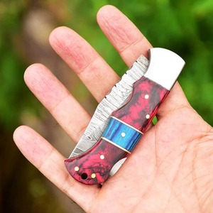 Cuchillo Plegable Artesanal DIY de Acero de Damasco con Punta Recta, Mango de Resina y Madera, Funda de Cuero - Personalizable OEM - Product Image 6