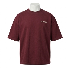 Camiseta de Hombre Color Borgoña, Cuello Redondo, Manga Corta, Corte Holgado, Estampado Minimalista, Ropa Casual de Estilo Urbano - Product Image 3